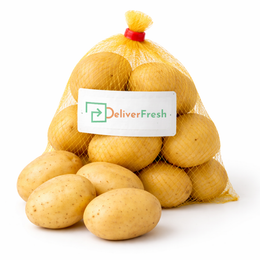 Fresh washed potatoes packed in a 2.5kg mesh bag on a pure white background by DeliverFresh