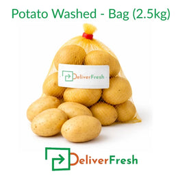 Fresh washed potatoes packed in a 2.5kg mesh bag on a pure white background by DeliverFresh