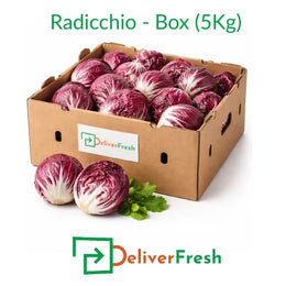 Fresh radicchio heads packed in a 5kg box with purple leaves on a pure white background by DeliverFresh