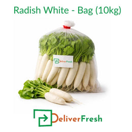 Fresh white radish bag 10kg packed with whole radishes and green leaves on a pure white background by DeliverFresh