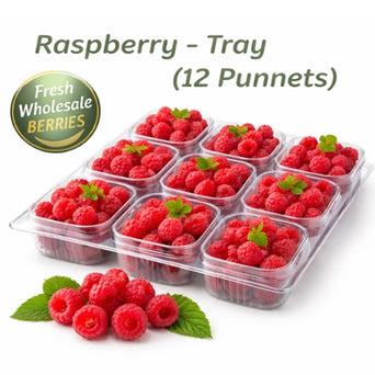 Premium raspberries packed in 12 punnets tray for retail and food service supply