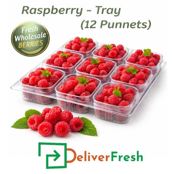 Fresh raspberries in a tray of 12 punnets, premium wholesale berries packed for freshness