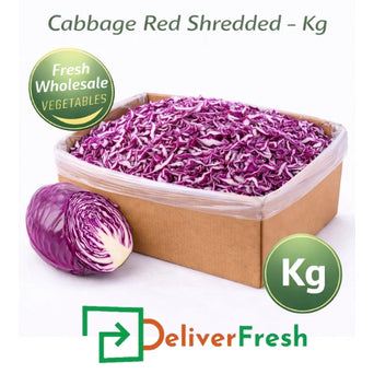 Shredded red cabbage per kilogram with DeliverFresh branding, wholesale vegetables in box packaging