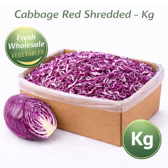 Shredded red cabbage per kilogram with DeliverFresh branding, wholesale vegetables in box packaging