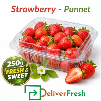 250g punnet of fresh strawberries with DeliverFresh branding, perfect for retail, cafés, and home use