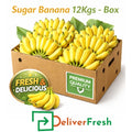 12kg box of sugar bananas with DeliverFresh branding, premium quality bananas for catering, retail, and bulk buyers