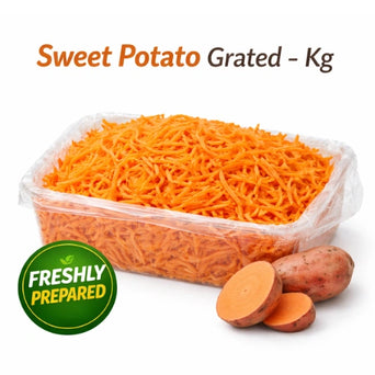 Grated sweet potato per kg in takeaway tray with DeliverFresh branding