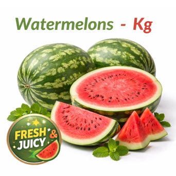 Fresh watermelons sold per kg, juicy red flesh ideal for summer fruit, desserts, and everyday consumption