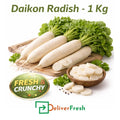 Fresh daikon radish per kg in Melbourne, crisp white roots with green tops